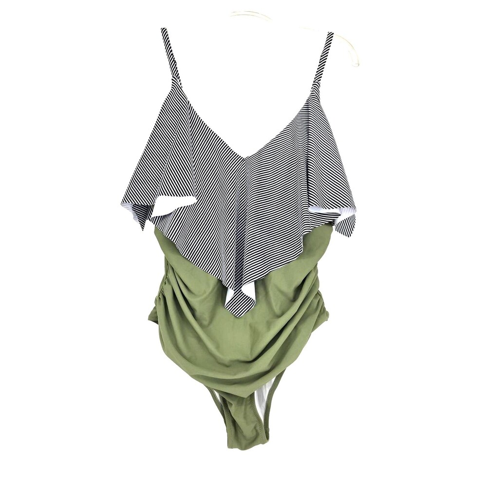 Woman's Olive Green Striped Ruffle Flounce One Piece Swimsuit XL Minimalist